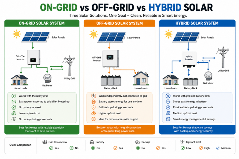 On-Grid vs Off-Grid vs Hybrid Solar system